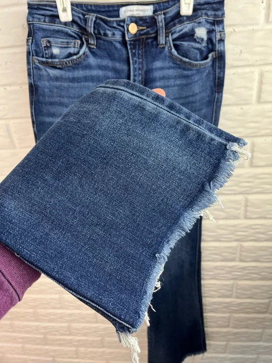 FLYING MONKEY HIGH RISE BOOT CUT DENIM BLUE JEANS RAW HEM DISTRESSED SZ 28 - Picture 5 of 14